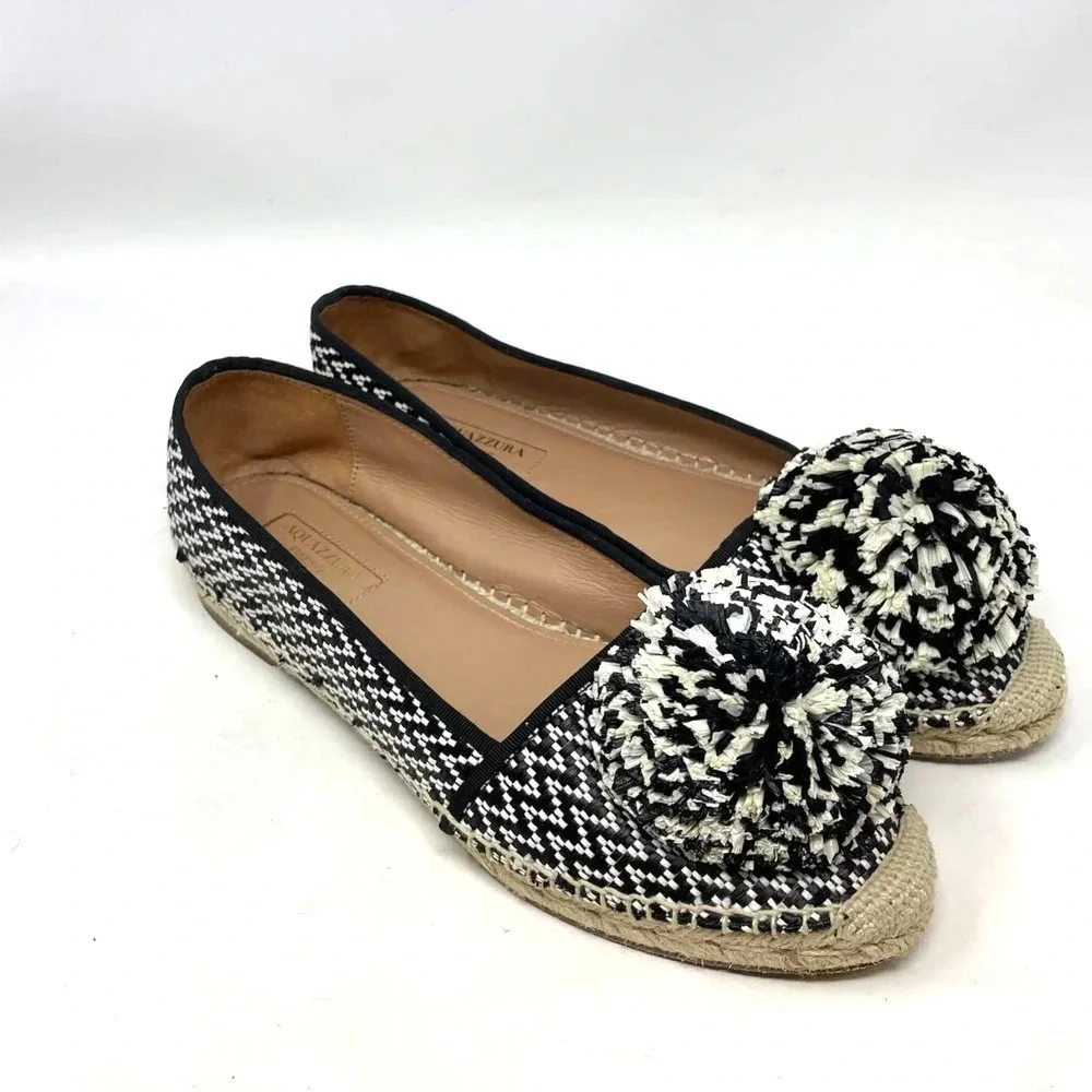 Aquazzura Pom Raffia Espadrille Flats Herringbone Black White Size 39 US‎ 9